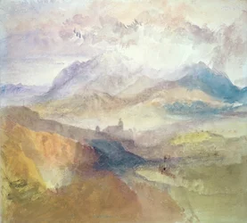 Pohled podél alpského údolí, možná Val d"Aosta