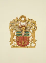 Erb pekařů s nápisem „H.Y“. a „Modli se Bůh za všechny“, kolem roku 1830 (tužka a akvarel na papíře)