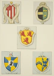 Pět erbů z památek v Temple Church (akvarel na papíře)