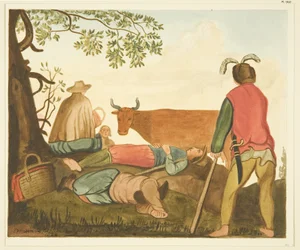 Guy, Earl of Warwick a Dun Cow, kopie z originální olejomalby (akvarel na papíře)