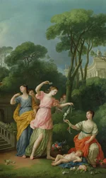Mladé řecké dívky zdobící spícího Amora květinami, 1773