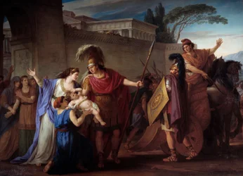 Hektor a Andromaché se loučí. Hektor odchází do trojské války a opouští svou ženu a syna Astyanakta. Obraz Joseph Marie Viena (1716-1809), 1786. Slunce. 3,29 x 4,25 m