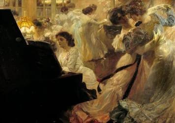 Belle epoque: „Bílý ples“ Večer mladých žen oděných v bílém tanci a hře na klavír Joseph Marius Avy (1871-1939) 1903