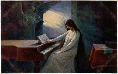 Hudba. Poslední akord. Umírající dáma u klavíru. Ilustrace Josef Mathauser, Česká republika, kolem roku 1910 (pohlednice)