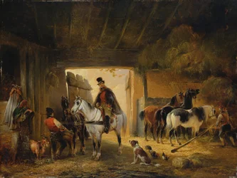 Jezdec napájející svého koně ve stáji, 1840