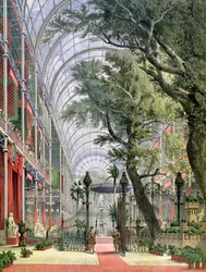 Vnitřní pohled na Crystal Palace, Hyde Park, ukazující zahájení Velké výstavy v roce 1851
