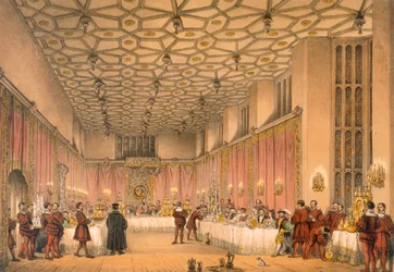 Komnata, Hampton Court, z „Architecture of the Middle Ages“, vydané v roce 1838