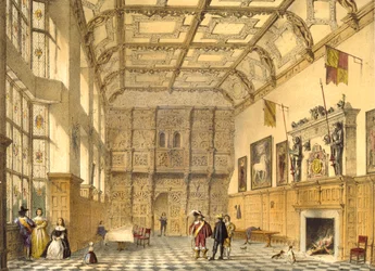 Velký sál, Hatfield, Berkshire, 1600, ilustrace z knihy "Architektura středověku", 1838