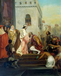 Přijetí Kryštofa Kolumba (1451-1506) španělskými králi Ferdinandem II. Aragonským a Isabelou 1. Kastilskou (zvanou Katoličkou) v Barceloně v roce 1493 Průzkumník se vrací se zajatými Indiány. Detail. Obraz od Josepha Nicolase Robert Fleury (1