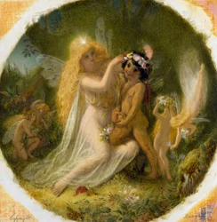 "Titanie, princezna pohádkových bohů, a mladý Indián, kterého si zvolila za svého pážete" Ilustrace ke hře "Sen noci svatojánské" od Williama Shakespeara. Obraz Josepha Noela Patona (1821-1901) Soukromá sbírka