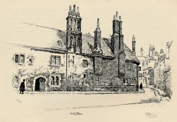 Old Charterhouse: Vnější fasáda Washhouse Court, s vnitřní bránou, 1886