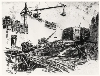 The Walls of Pedron Miguel, deska XX z Panamského průplavu od Josepha Pennella, 1912 (uhl na papíře)