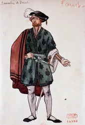Kostým pro postavu Fausta ve Faustově prokletí od Hectora Berlioze, skica Joseph Porphyre Pinchon (1871-1953)