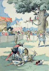 Bitva mezi Renardem a Ysengrinem, z knihy "Dobrodružství mistra Renarda" od G. Le Cordiera, kolem roku 1900 (barevná litografie)