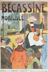 Odjezd Becassine, obálka "Becassine Mobilisee", z "la Semaine de la Suzette", cca 1914 (barevná litografie)
