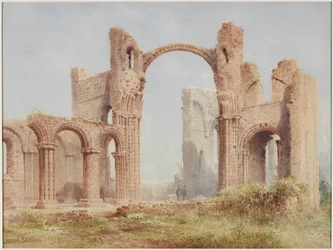 Lindisfarne Priory Ruins (akvarel, tělová barva a tužka na papíře)