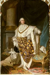 Celopostavový portrét francouzského krále Ludvíka XVI. v korunovačním rouchu (1754-1793). Má na sobě řetěz Řádu svatého Ducha - Obraz z ateliéru Josepha Siffreda Duplessise (1725-1802)