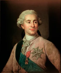 Portrét francouzského krále Ludvíka XVI. (1754-1793) s insigniemi Řádu zlatého rouna. Obraz Josepha Siffreda Duplessise (1725-1802) (Joseph-Siffred, Joseph Siffrede, Joseph-Siffrede, Joseph Siffrein, Joseph-Siffrein), 18. století M