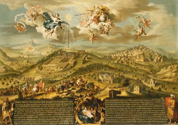 Pohled na Betlém s Cestou tří králů, Trojicí nahoře a Narozením v malované kartuši dole, 1752