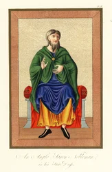 Anglosaský šlechtic ve státních šatech, 8. století, 1845 (rytina)