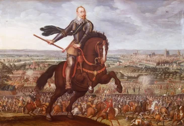 Gustav II. Adolf Švédský v bitvě u Breitenfeldu roku 1631, obraz Jeana Jacquese Waltera, třicetiletá válka, Německo