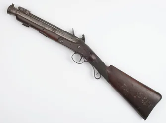 Blunderbuss s pružinovým bajonetem vydaný Irish Volunteers, kolem roku 1815 (blunderbuss, křesadlový zámek)