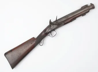 Blunderbuss s pružinovým bajonetem vydaný Irish Volunteers, kolem roku 1815 (blunderbuss, křesadlový zámek)
