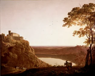 Pohled na jezero Nemi za soumraku Obraz od Josepha Wrighta dit Wright z Derby (1734-1797)