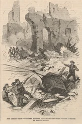 Dělníci táhnoucí trezory z ruin, ilustrace z Frank Leslies Illustrated Newspaper, 1871