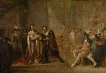 Peter Paul Rubens přijímá meč od Karla I. z Anglie