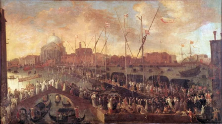Procesí v den svátku Vykupitele Ke kostelu Vykupitele v Benátkách je postaven provizorní most na památku obětí velkého moru v letech 1575-1576 - Obraz Josepha Heintze Mladého (1600-1678) 17. století - Musei Civici