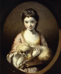 Portrét slečny Emilie Vansittartové, poloviční délka, na sobě růžovobílé šaty se psem, cca 1767-68