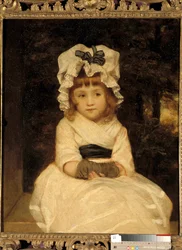 Portrét Penelope Boothby Malá holčička vypadá odhalující, sedí velmi moudře. Obraz od Joshuy Reynoldse (1723-1792), asi 1788 soukromá sbírka