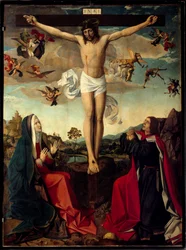 Kalvárie. Ukřižování s Pannou Marií a svatým Janem u paty kříže. Nápis „INRI“ na kříži. Mistr ze San Sebastianu nebo Josse Lieferinxe (činný v letech 1493 až 1505)