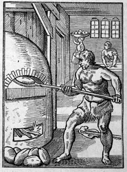 Pekař peče chleba v troubě. Rytina Josta Ammana (1539-1591) 16. století.