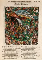 Vojenská chirurgie, z „Válečné knihy třetí díl Schantzenu a opevnění“ od Leonhardta Fronspergera (asi 1520-75) 1573 (barevný dřevoryt)
