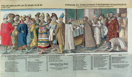 Velké vyslanectví ruského krále Ivana IV. (1530-84) u císaře Svaté říše římské v Regensburgu v roce 1576 (kolorovaný dřevoryt) (detail)