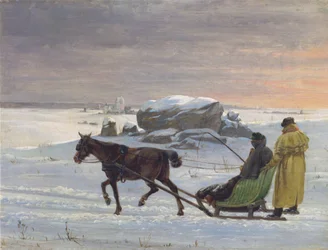 Malíři Jørgen Roed a Constantin Hansen se svezou na saních.
