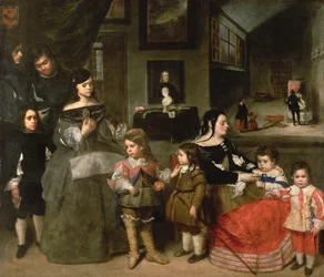 The Artists Family, vlevo čtyři děti z prvního manželství umělců s dcerou Diega Velasqueze, Gaspar, Melchior, Baltasar a Maria Teresa; vpravo jeho druhá manželka Francisc