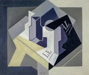 ""Coupe de fruit et journal"" (ovocná mísa a noviny) Malba Juana Grise (1887-1927) - 1920 - Olej na plátně - Real Academia de Bellas Artes de San Fernando, Madrid