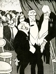 Ruský vyslanec během konference diskutuje s dalšími představiteli o obraně Turecka, 1908.