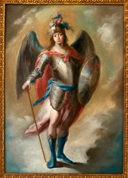 Archanděl Saint Michael - obraz Juan de Espinal (1714-1783), olej na plátně, ca. 1780 - Muzeum výtvarného umění v Seville, Španělsko
