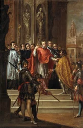 Svatý Ambrož odepírá císaři Theodosiovi vstup do kostela, kolem roku 1673 (olej na plátně)
