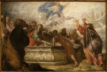 Nanebevzetí Panny Marie. Obraz od Juana de Valdes Leal (1622-1690), olej na plátně, kolem roku 1680. Muzeum výtvarných umění v Seville, Španělsko.