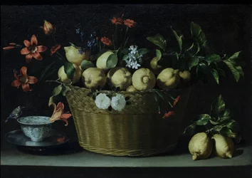 Zátiší s citrony v proutěném košíku, asi 1643-49 (olej na plátně)