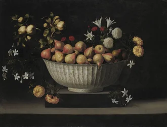 Květiny a ovoce v čínské misce, c. 1645.