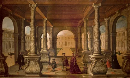 Filip IV. a jeho královna na kolonádě, kolem roku 1630 (olej na plátně)