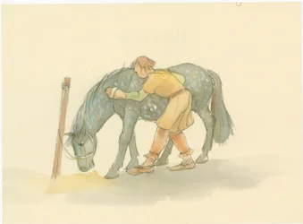 Středověký ženich kartáčující koně, 2004.