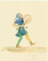Středověký minstrel hrající na bicí nástroj, možná tabor, 2004.