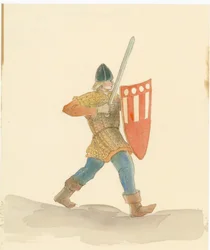 Středověký voják s dlouhým mečem v pravé ruce a štítem v levé, 2004.